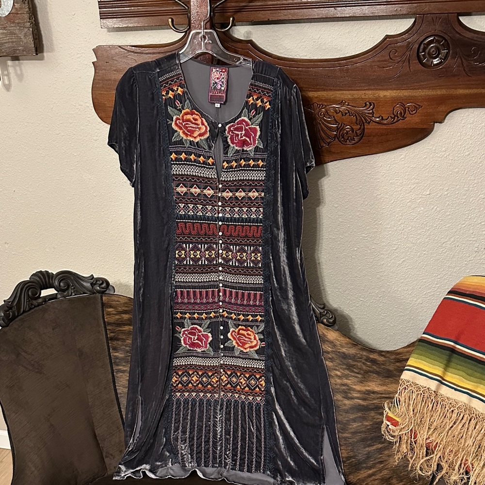 Embroidered Johnny Was JWLA Large Grey Velvet Dress